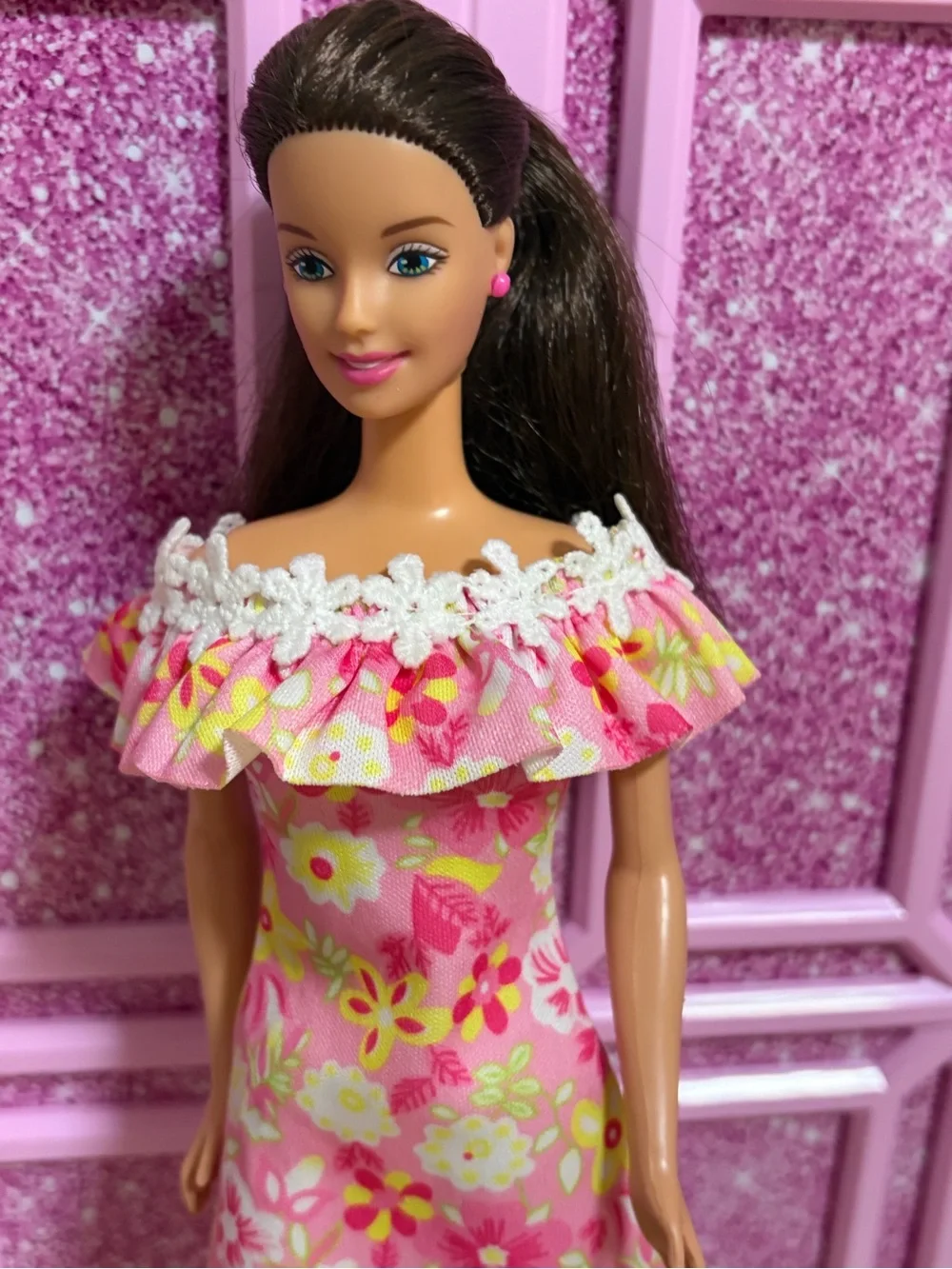 Barbie Pink Floral Off-Shoulder Dress with White Lace Trim